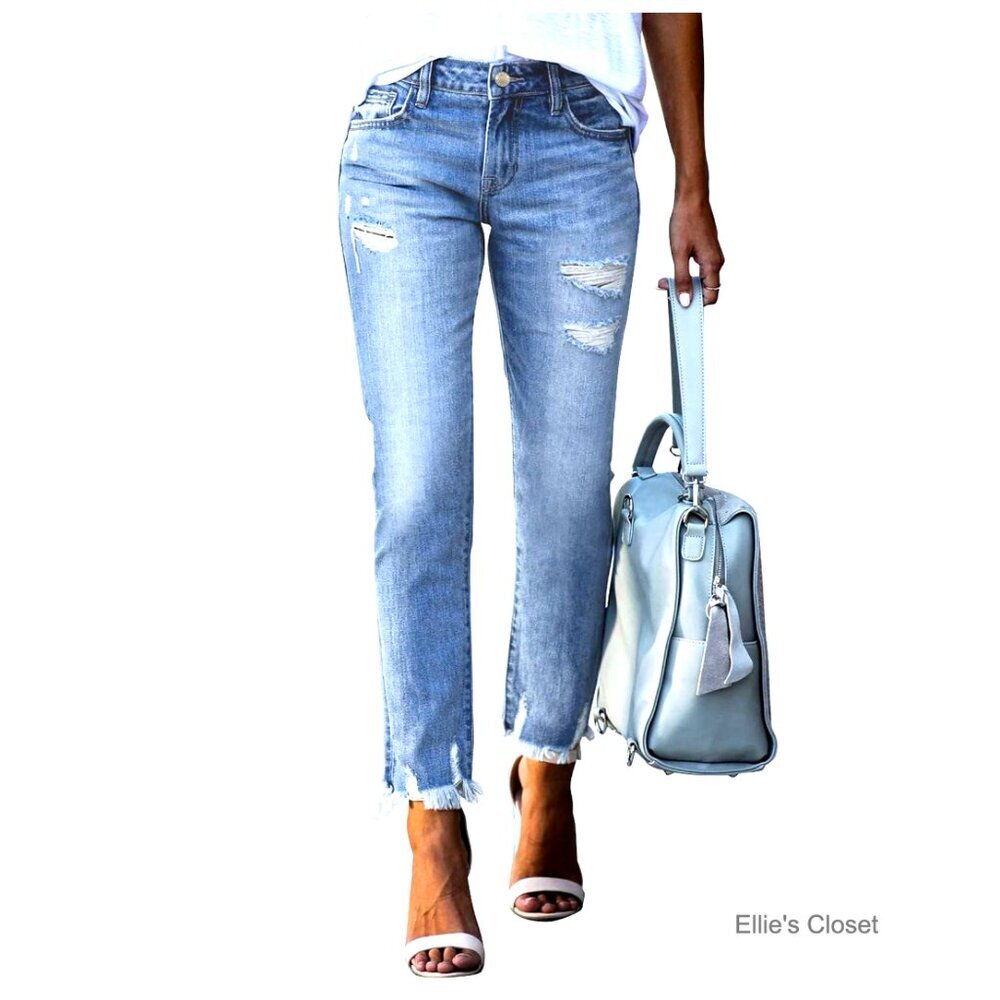 High Waisted Tummy Control Straight Ankle Ripped Jeans